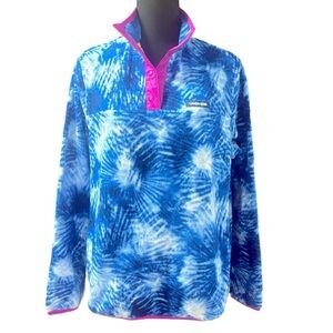 LANDS END DEEP SEA NAVY TIE DYE PALM SNAP FLEECE PULLOVER SIZE 10-12 KIDS